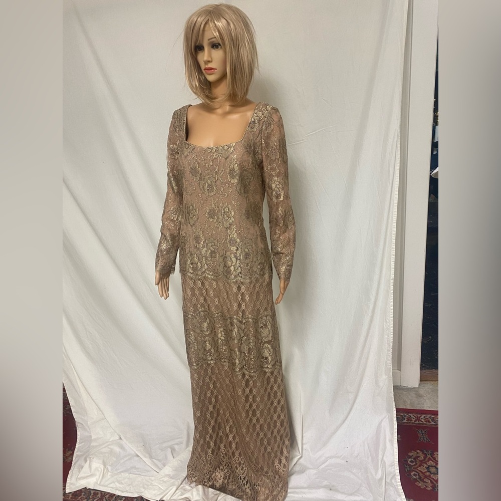 Lace and Rhinestone Evening Gown. Taupe.